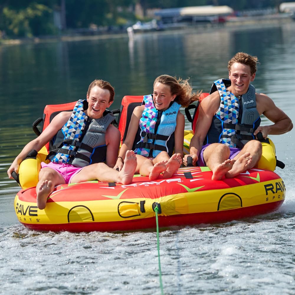 RAVE Sports Epic Tube Towable, 1-3 Riders, Dual Tow Points, Stable Couch-Style Seats with Backrest, Durable Nylon Cover, Neoprene Padding, Foam-Filled Reinforced Handles, Boat Towables-Tubes