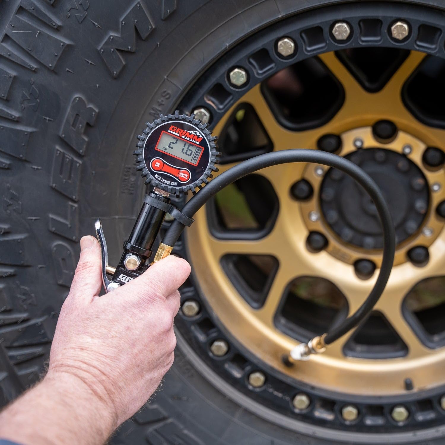 Digital Tire Pressure Gauge Grimm OffRoad with Inflator Kit, 200 PSI Air Compressor Accessories with Air Chuck Quick Connect Coupler, Car Attachments with Rubber Hose for Car, Truck, SUV, Cycle, RV