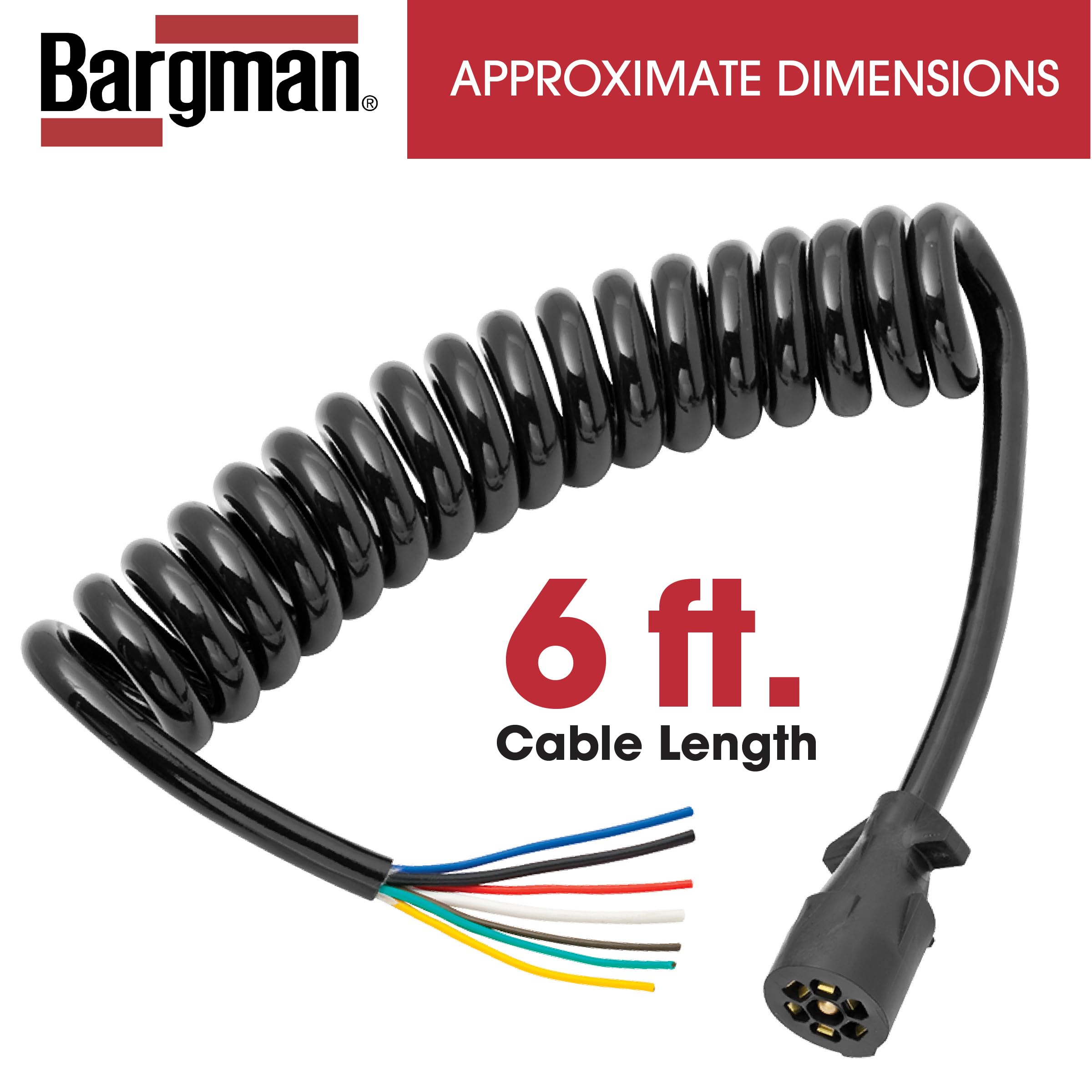 7 Way Bargman Coiled Trailer Wire End Connector Harness, 6 Foot Length, Splices Easily to Trailer Lighting System, Weather Resistant