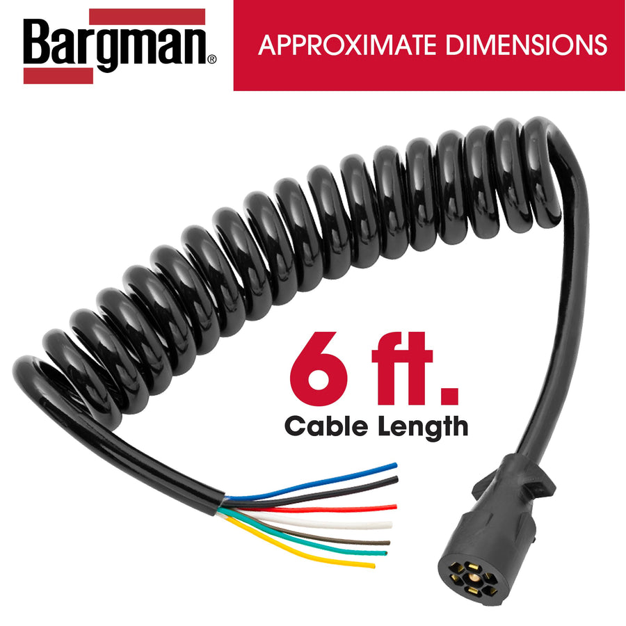 7 Way Bargman Coiled Trailer Wire End Connector Harness, 6 Foot Length, Splices Easily to Trailer Lighting System, Weather Resistant