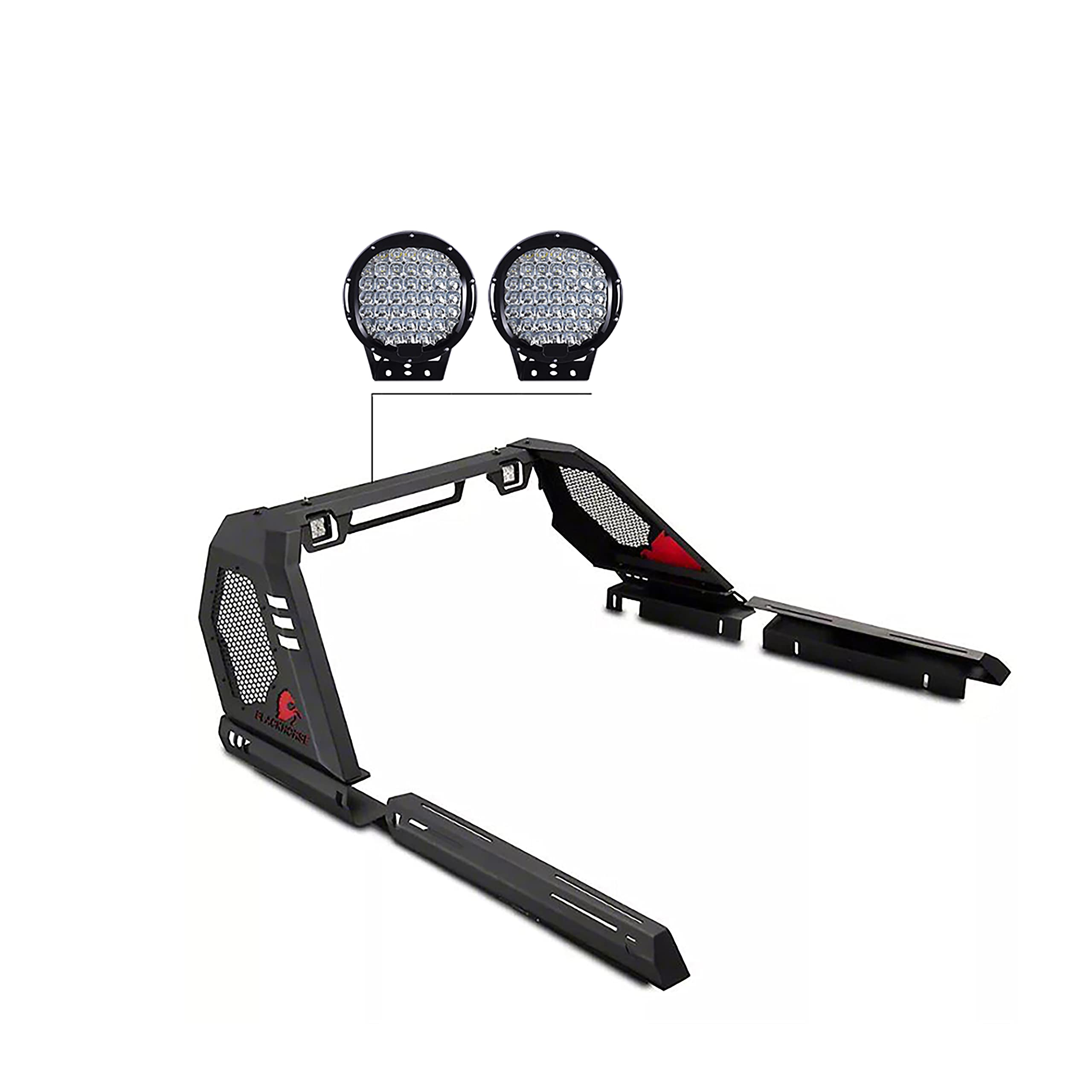 Vigor Roll Bar Black Horse Incl.Set of 9" Black Round Led Light Modular Black Compatible with 2019-2024 Ford Ranger-VIRB08B-PL69B