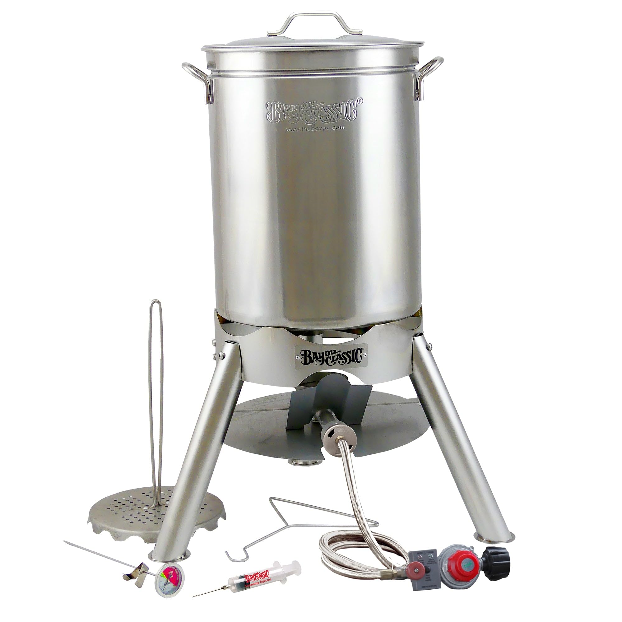 Bayou Classic 44-qt Turkey Fryer Kit 200-440 Features w/Lid Poultry Rack & Lift Hook 14-in Tall Stainless Cooker Frame w/ 4-in Cast Aluminum Burner
