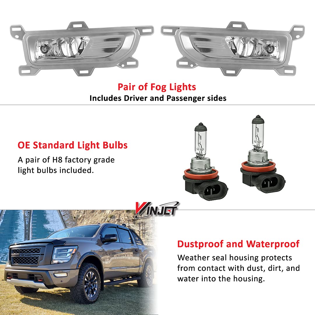 Fog Lights Replacement Winjet OEM Fit For 2020-2025 Nissan Titan, Driver & Passenger Driving Fog Lamps w/ H8 Halogen Bulbs + Wiring Harness + Switch + Decorative Bezels (Black Housing Clear Lens)