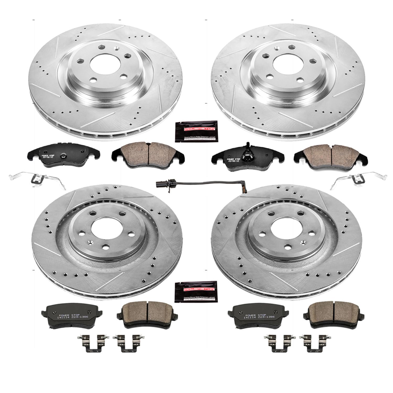 Power Stop K6157 Z23 Carbon Fiber Brake Pads Front and Rear with Drilled & Slotted Brake Rotors Kit and 1 Front Sensor Wire For Audi S4 2010-2011, Audi S5 2008-2011 [Model Specific]