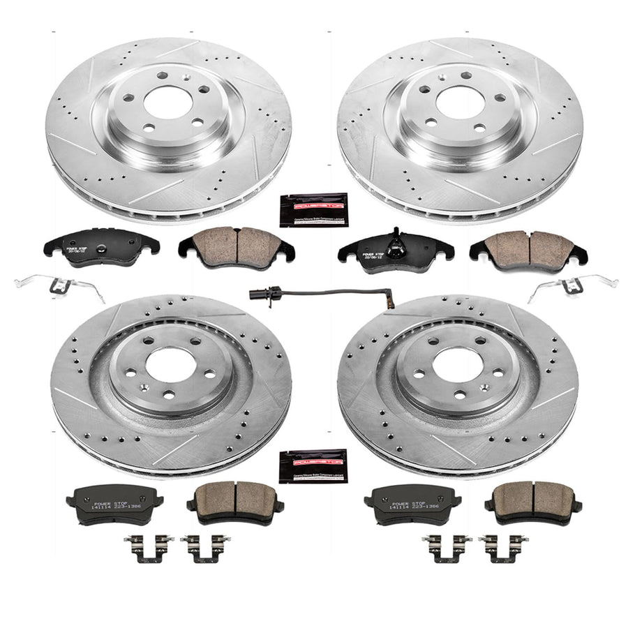 Power Stop K6157 Z23 Carbon Fiber Brake Pads Front and Rear with Drilled & Slotted Brake Rotors Kit and 1 Front Sensor Wire For Audi S4 2010-2011, Audi S5 2008-2011 [Model Specific]
