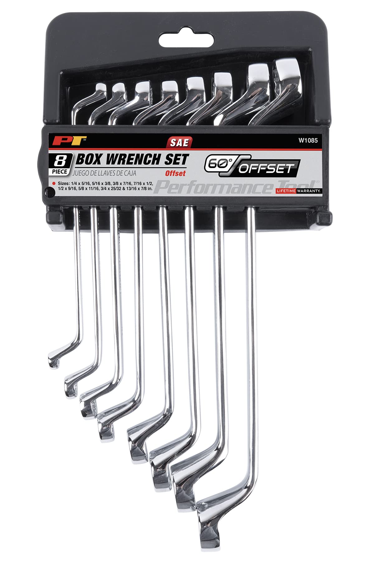8Pc Performance Tool W1085 Offset SAE Box Wrench Set - Precision Machined with 12-Point Box End Design for Easy Access and Increased Torque