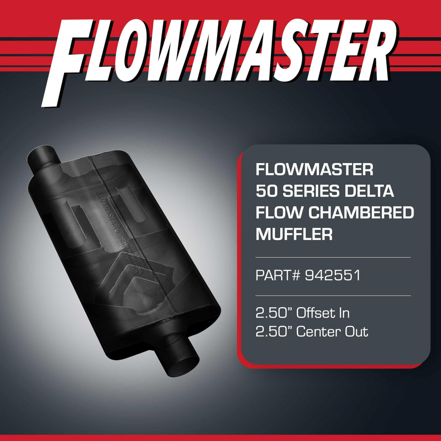 50 Series Flowmaster Delta Flow® Chambered Muffler – 2.50” - Center Out/Offset In – Moderate Sound – 16G Aluminized Steel – Perfect for daily-driven Performance Vehicles and Passenger Cars (942551)