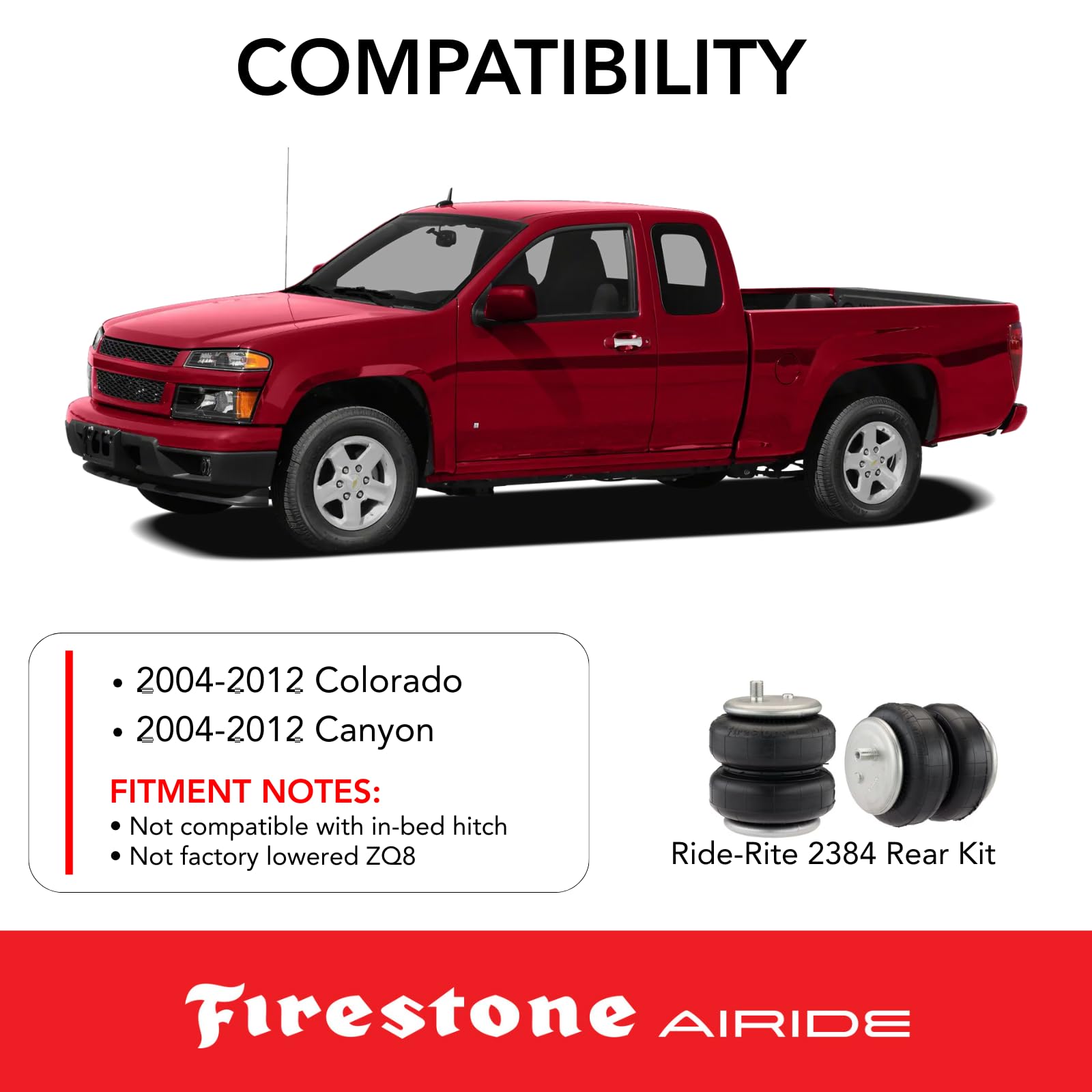 Firestone 2384 Airide Ride-Rite Rear Springs Kit fits 2004-2012 Canyon and Colorado | 5-100 PSI | No Drill Installation | Load Capacity of 5,000 Pounds | Enhances Brake Effectiveness