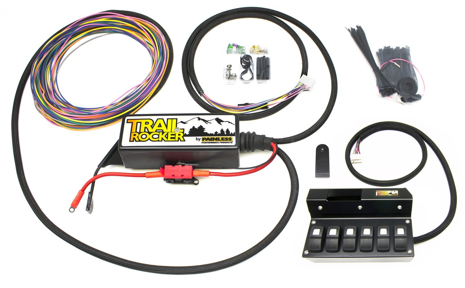 57004 Painless Performance Trail Rocker System for 2009-2018 Jeep Wrangler JK, Overhead 6-Switch Box (Auto Dimming Mirror Only)