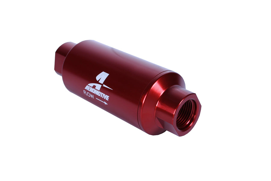 In-Line Aeromotive 12340 Filter, 10-Micron Microglass Element, ORB-10 Port, Bright-Dip Red, 2" OD