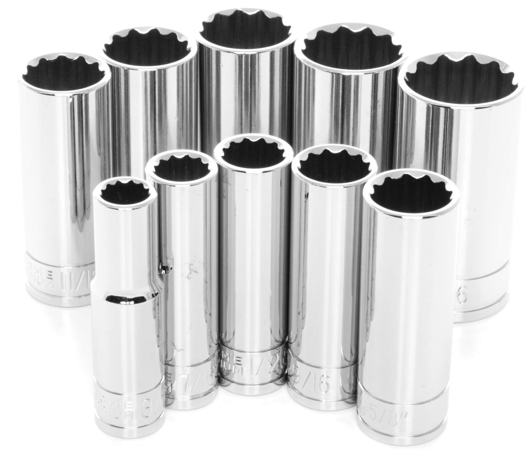 3/8-Inch Drive Performance Tool W38600 12pt SAE Deep Wall Deep Socket Tool Set for Garages and Workshops, Chrome, 10 pieces