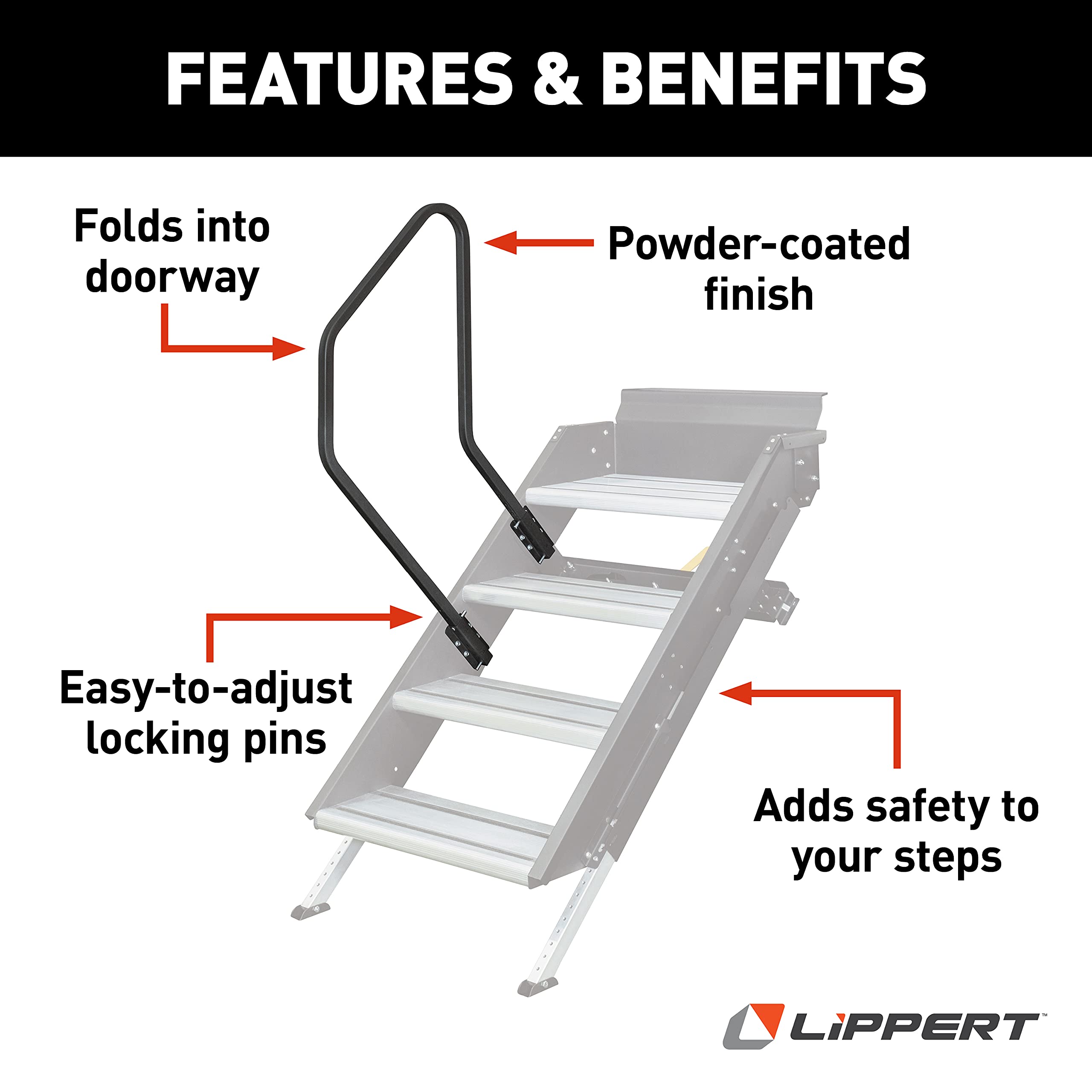 Lippert Entry Assist Handrail Solid Step, Accommodates Door Widths up to 36”, Easy Installation, Locking Pins for 5” Adjustment, for 5th Wheel RVs, Travel Trailers, Motorhomes - 799640, Black