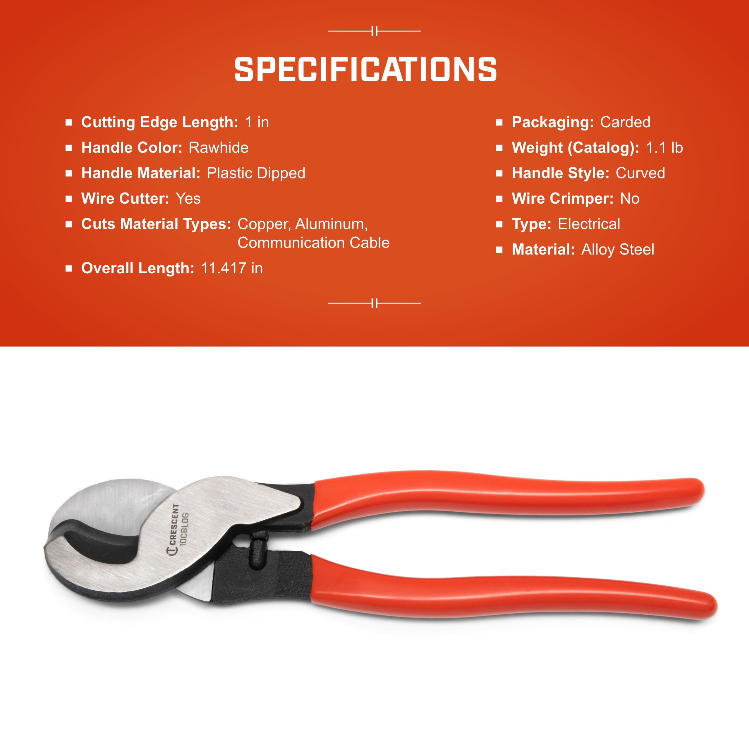 Crescent Dipped Handle Cable Cutter, Pliers - Premium Cutting Pliers with Sheer-Cut Blades & Ergonomic Grip - Professional-Grade Hand Tool - 10" - 10CBLDG