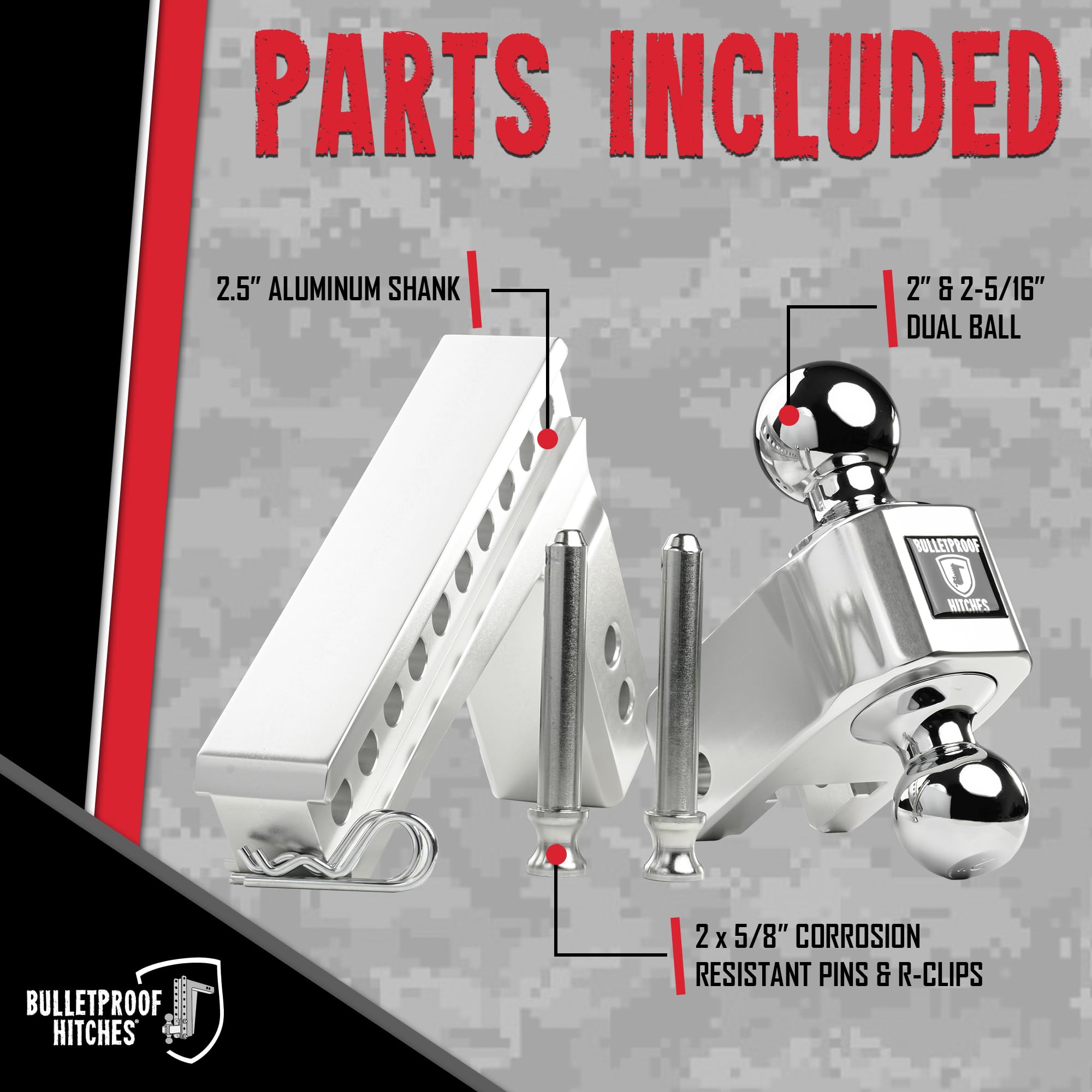 2.5" Aluminum BulletProof Hitches - Trailer Hitch (14,000 lb. Rating) - Adjustable Hitch with 6" Drop/Rise and 2" & 2-5/16" Dual Ball - Corrosion-Resistant Tow Hitch