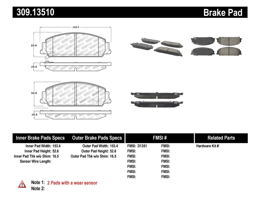 Sport Brake Pads StopTech 309.13510 with Shims and Hardware