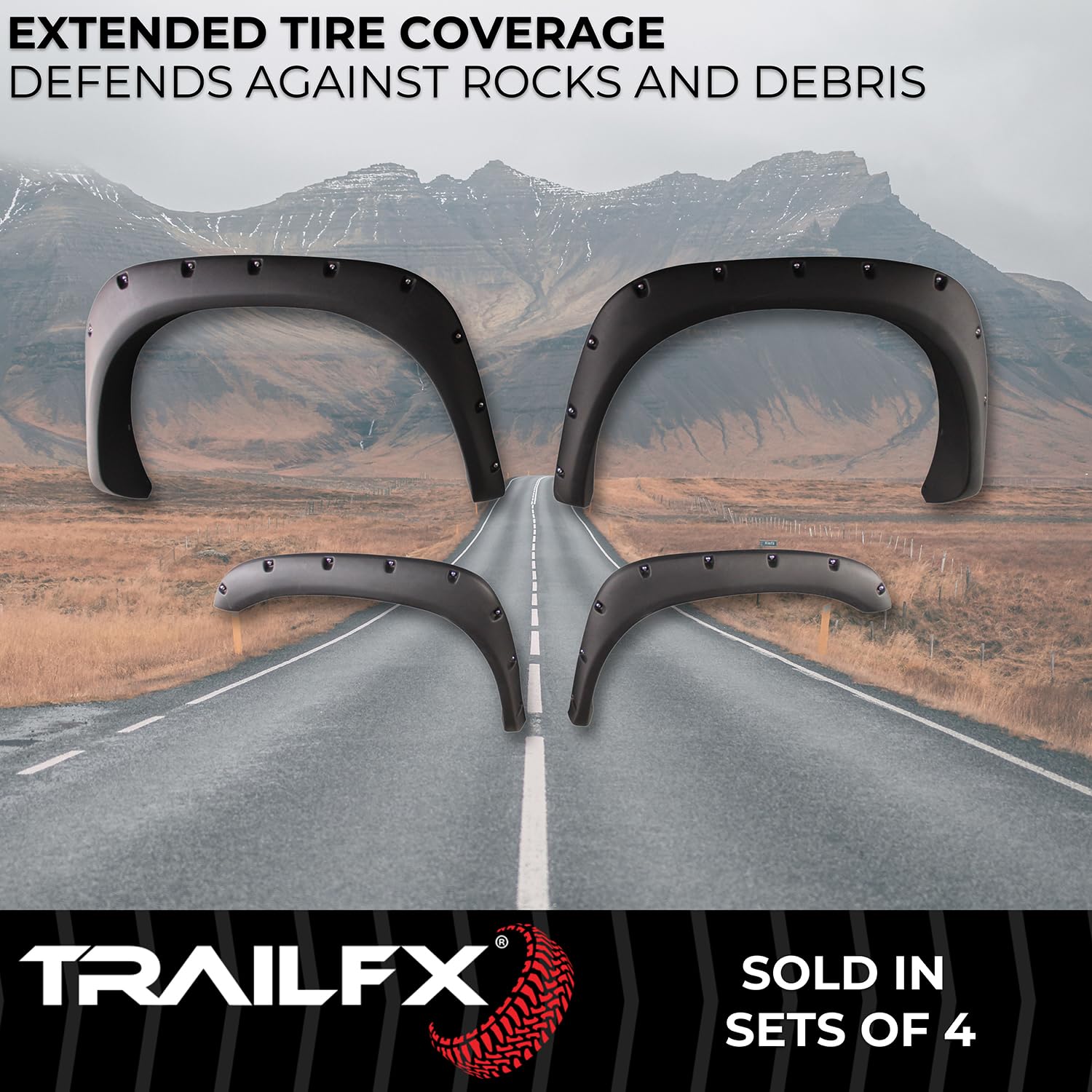 Fender Flares TrailFX Fits Dodge Ram 1500 2002-2008 Pocket Style Black Smooth Paintable Polypropylene, Set of 4 with Stainless and Black Steel Rivets TrailFX TFD3001S