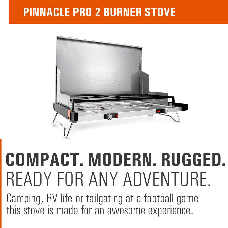 GSI Outdoors 2-Burner Pinnacle Pro Camping & Tailgating Stove, Ultra-Slim Portable Propane, 25,000 BTU, Windscreens, Folding Legs, Outdoor Cooking