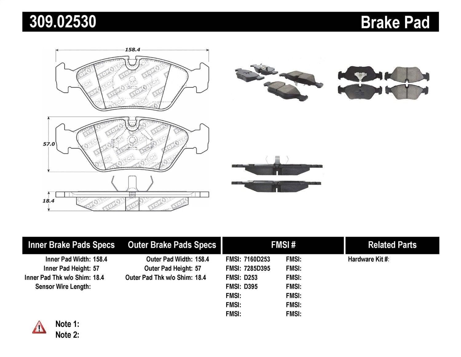 Sport Brake Pads StopTech 309.02530 with Shims and Hardware