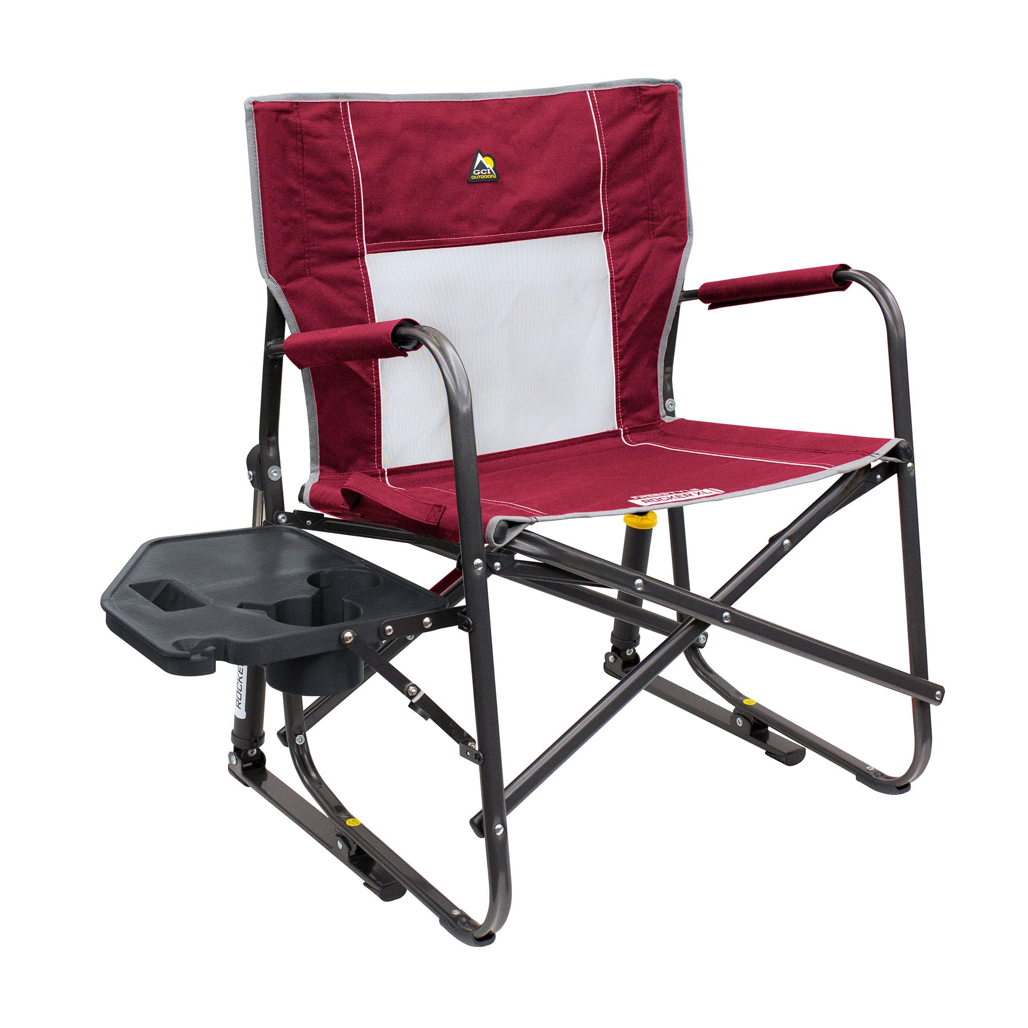 Freestyle Rocker XL GCI OUTDOOR with Side Table Camping Chair | Portable Folding Rocking Chair with Solid, Durable Armrests, Drink Holder & Comfortable Backrest — Red