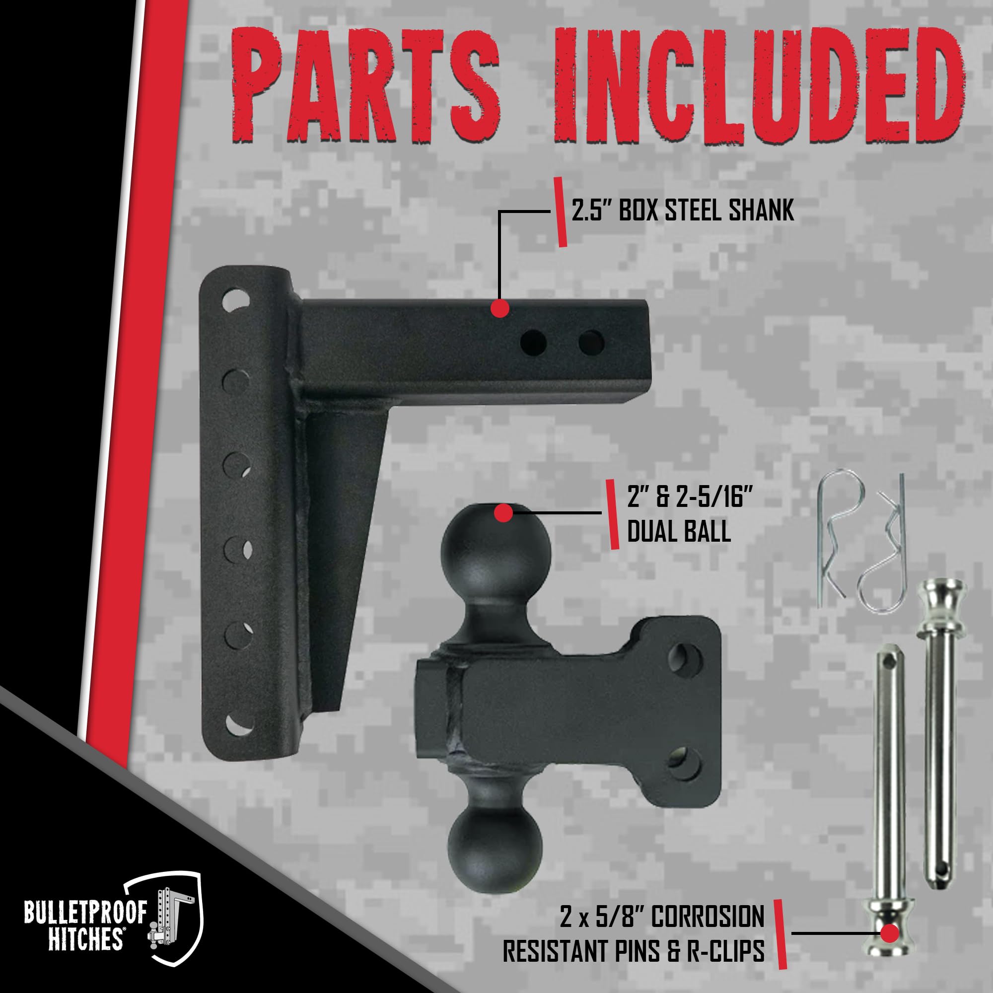 2.5" BulletProof Hitches Adjustable Medium Duty Trailer Hitch (14,000 lb. Rating) - 6" Drop/Rise Trailer Hitch with 2" & 2-5/16" Dual Ball - Powder Coat, Box Steel, Corrosion-Resistant