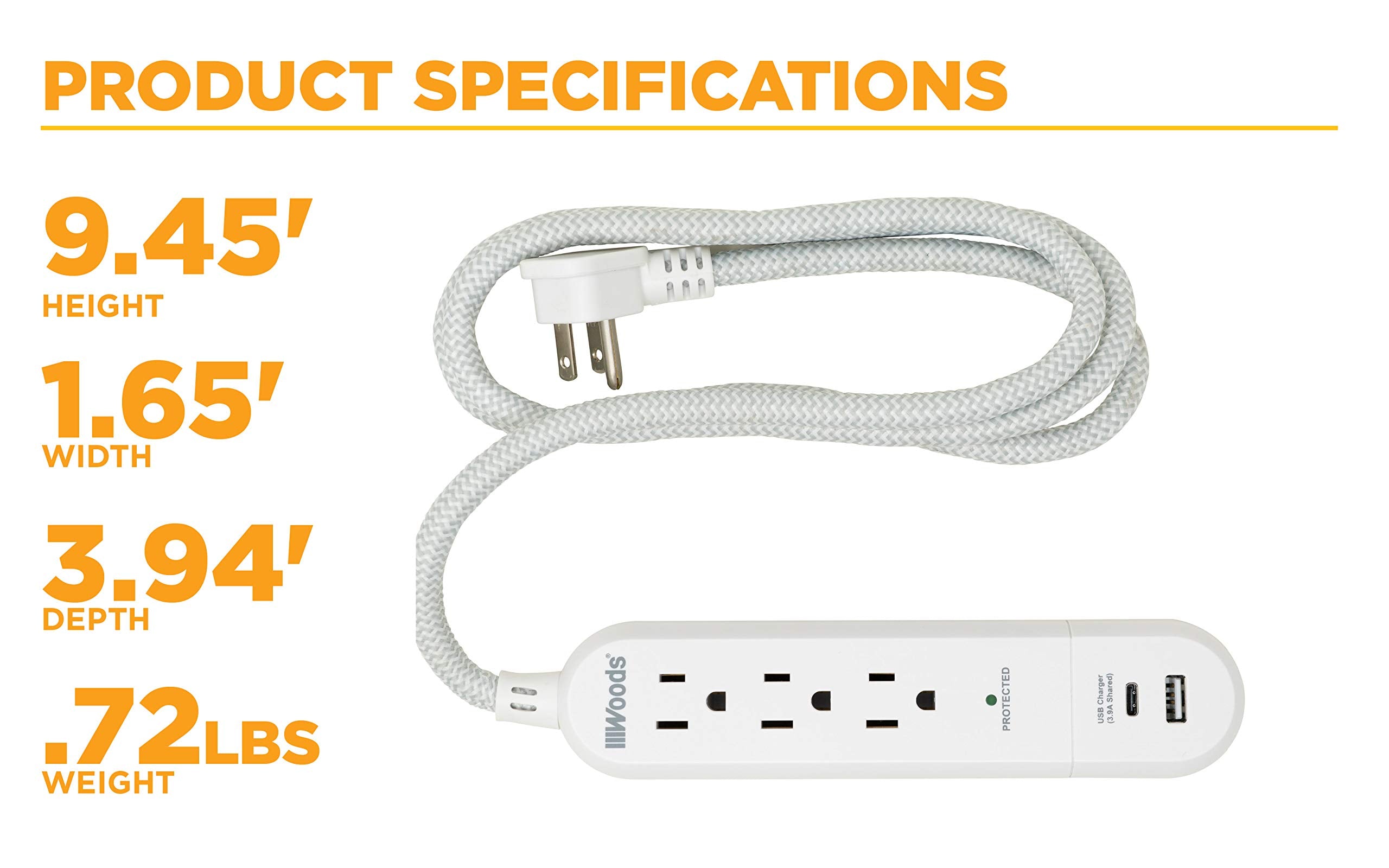 3-Outlet Surge Protector 41026 with 3.9A USB-A & USB-C Charger, 250 Joules of Surge Protection and 4' Braided Fabric Cord