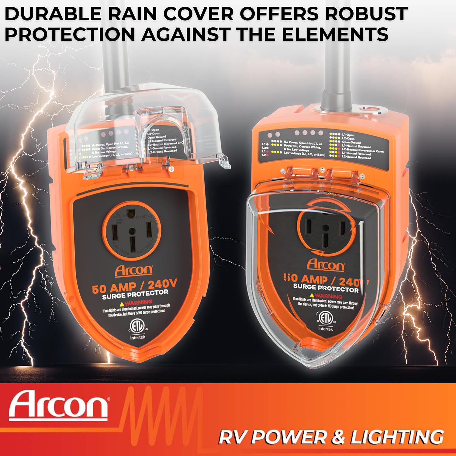 Surge Protector Arcon 19759, Portable, 50 Amp, 240 Volt, with Plug Head Handle Grip, 7200 Joules of Power Surge Protection
