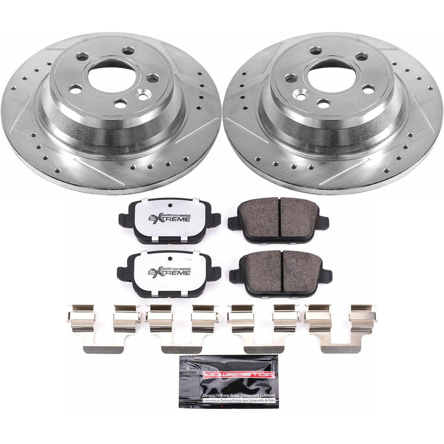 Rear Brake Kit Power Stop For 2007 2008 Volvo S80 - Truck & Tow Carbon Fiber Ceramic Brake Pads & Drilled and Slotted Rotors Replacement, K5341-36