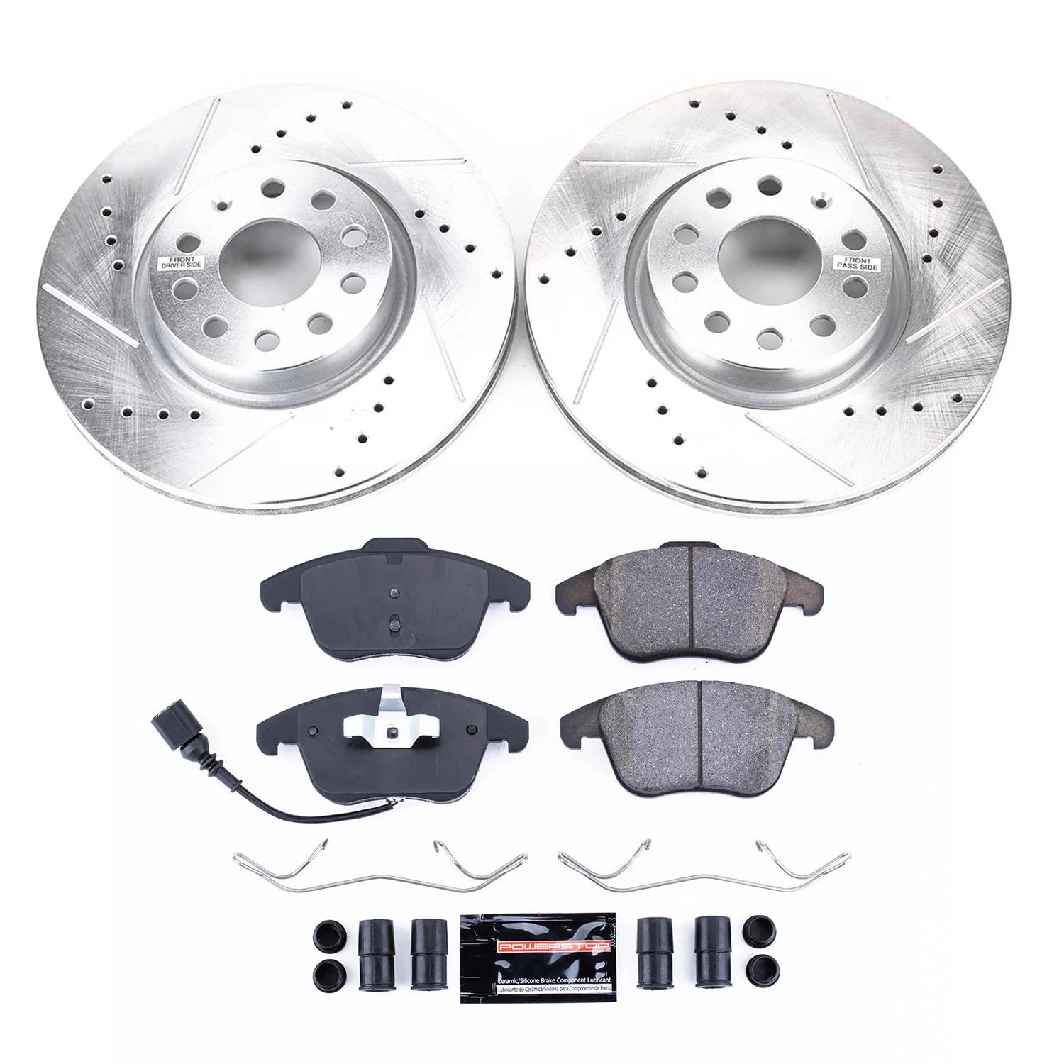 Power Stop K2963 Z23 Carbon Fiber Brake Pads with Drilled and Slotted Brake Rotors Kit For Audi Q3 Q3 Quattro VW Volkswagen Passat Tiguan Tiguan Limited