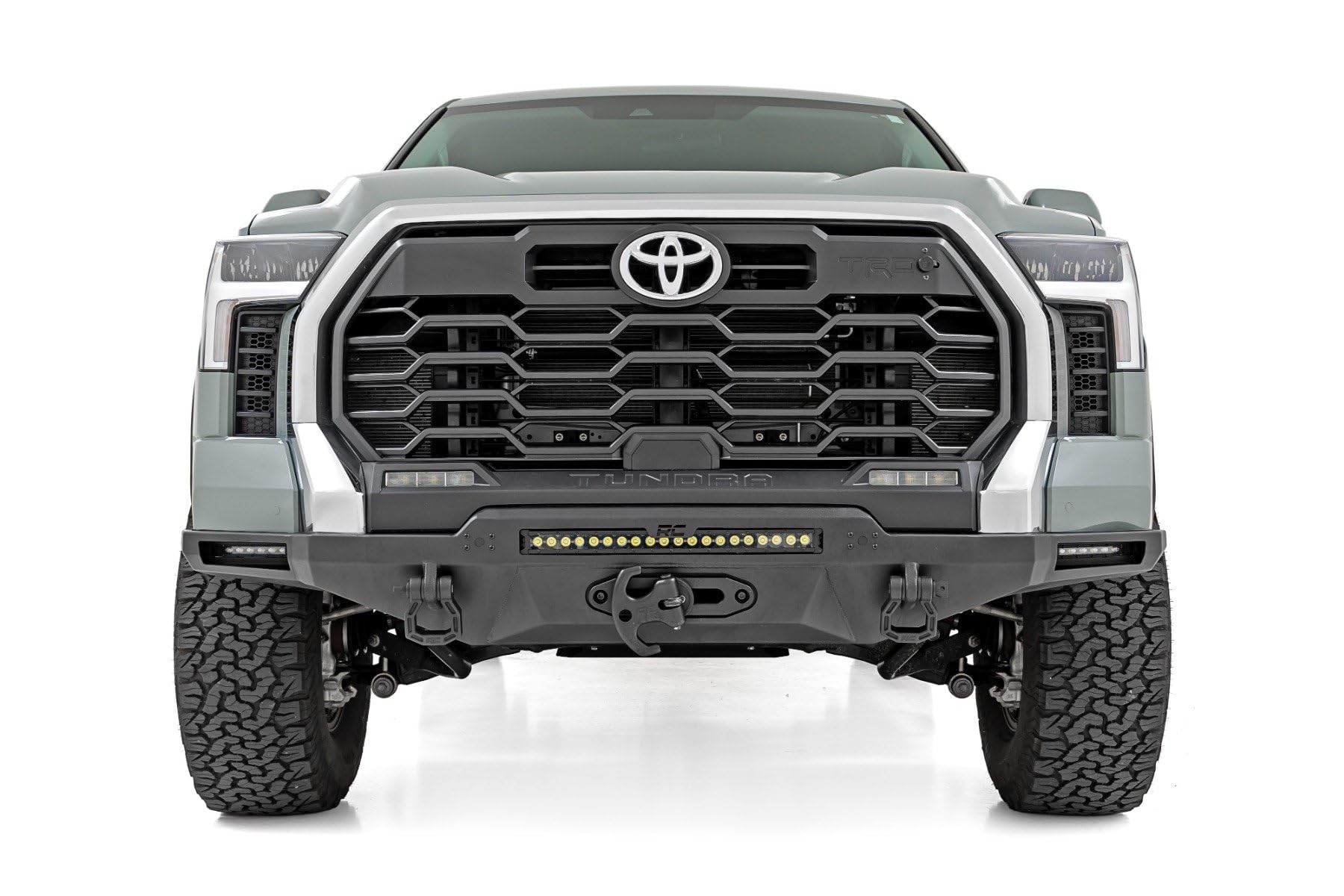 Rough Country Hybrid Front Bumper with LED Light & PRO12000S Winch for Toyota Tundra (2022-2024) - 12000 LB Synthetic Rope Winch, 20" LED Bar Amber DRL, Dual 6" Slimline LEDs