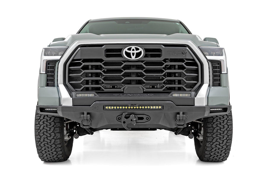 Rough Country Hybrid Front Bumper with LED Light & PRO12000S Winch for Toyota Tundra (2022-2024) - 12000 LB Synthetic Rope Winch, 20" LED Bar Amber DRL, Dual 6" Slimline LEDs