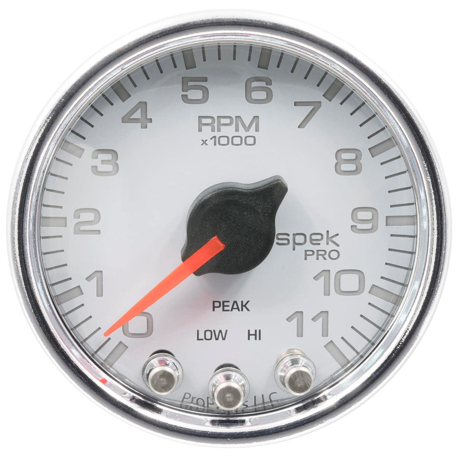 Gauge AUTO METER P33611 Tachometer (Spek-Pro Gauge, Tach, 2 1/16", 11K RPM,with Shift Light & Peak Mem, Wht/Chrm, Spek-Pro)