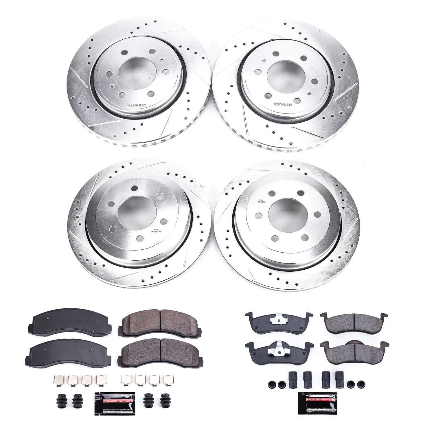 Power Stop K5577 Z23 Carbon Fiber Brake Pads Front and Rear with Drilled and Slotted Brake Rotors Kit For 2010-2014 2015 2016 2017 Ford Expedition Lincoln Navigator 6 Lug