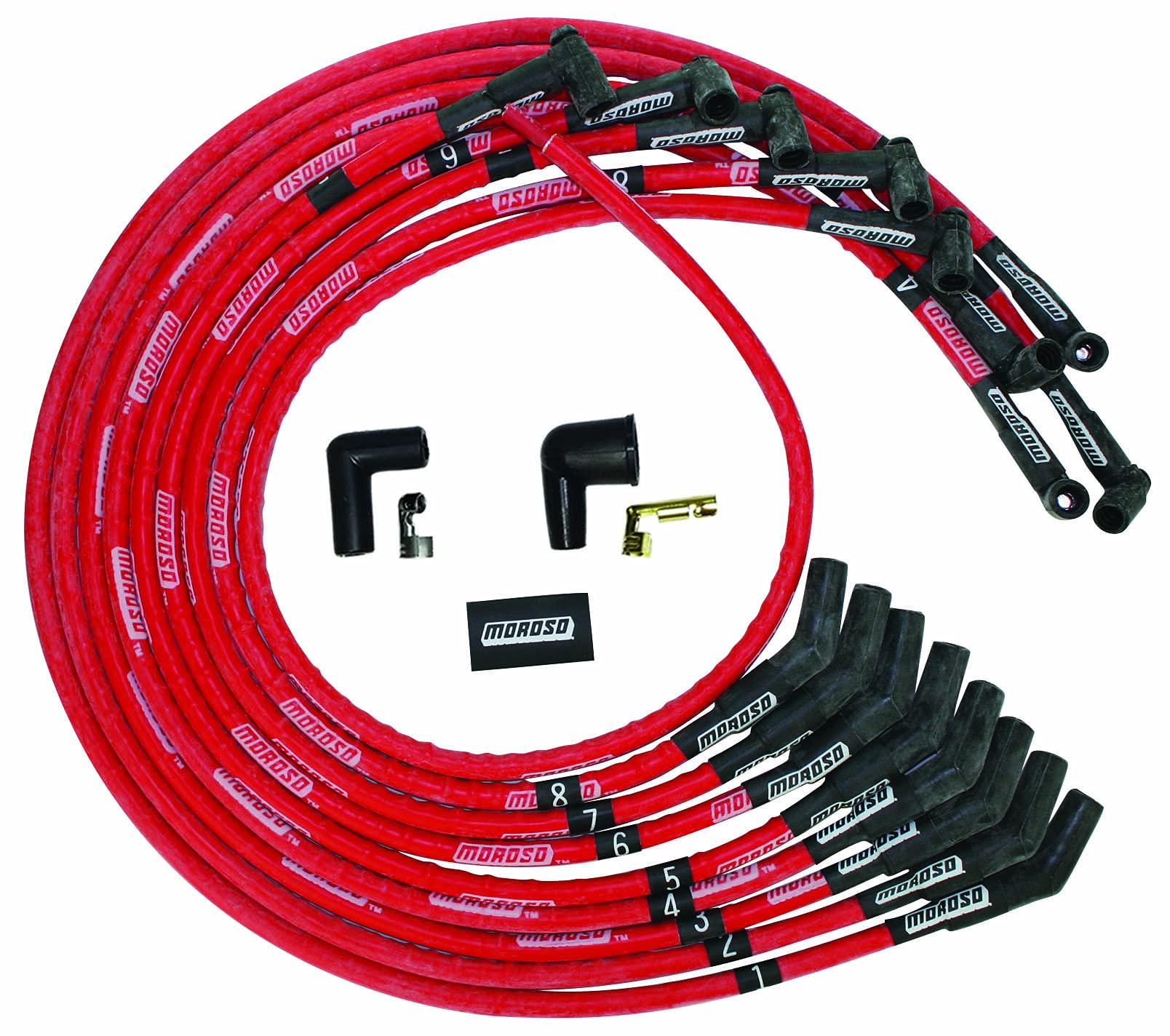 Moroso Ultra Series 52530 Sleeved Red Spark Plug Wires, Small Block Chevy, Under Header Routing, 135 Degree Plug Ends, HEI Distributor