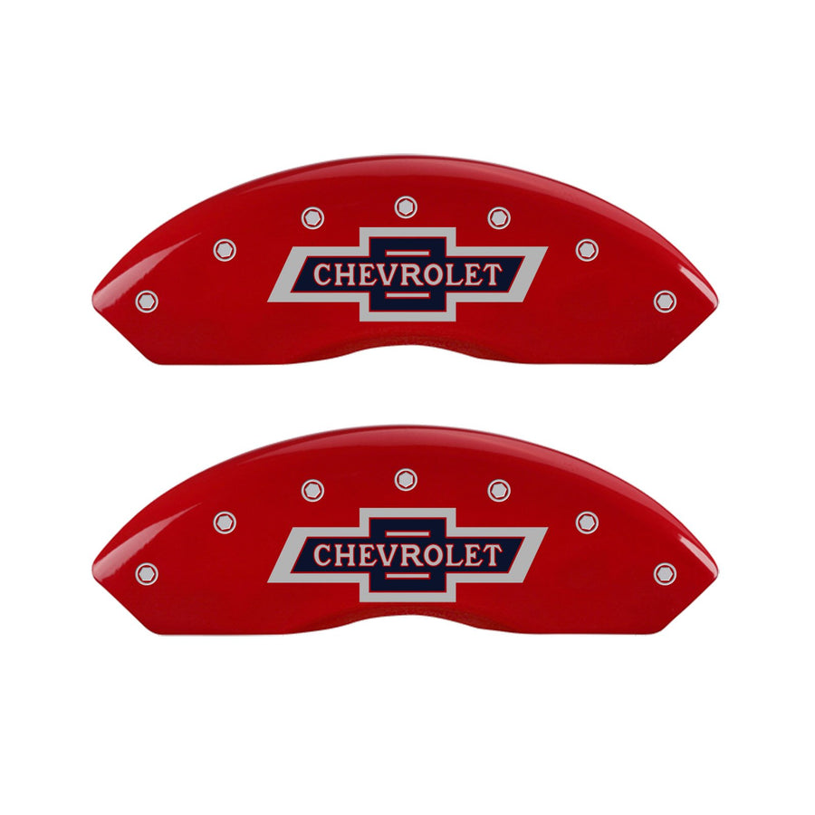 MGP 100 Anniversary Caliper Covers 14235SBANRD Chevrolet Red Powder Coat Finish, Silver Characters, Set of 4