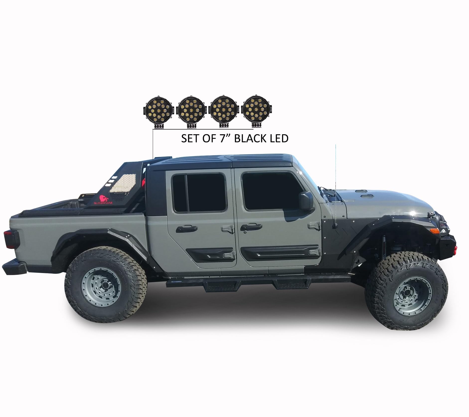 Vigor Black Horse Roll Bar incl. Pair of 7.0" Dia. LED Lights w/Black Trim Rings Modular Black Compatible with 2020-2024 Jeep Gladiator-VIRB09B-PLB