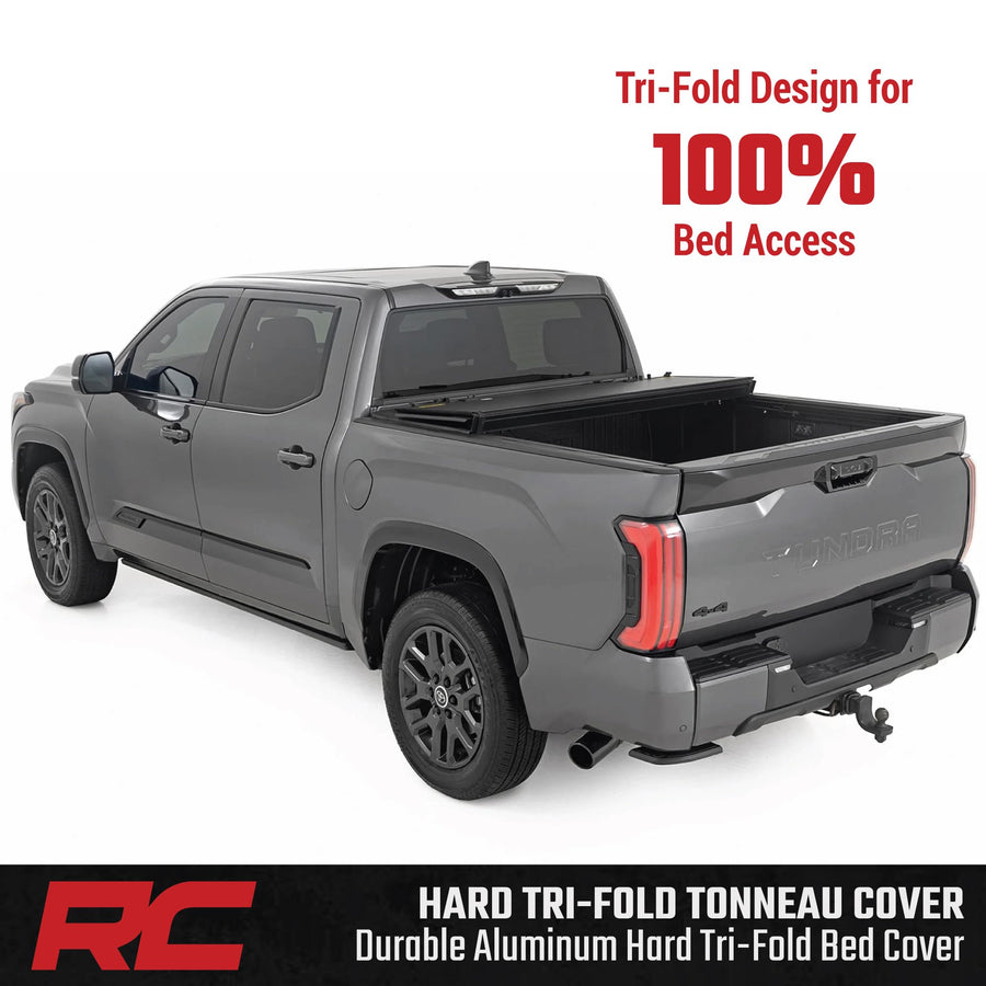 Rough Country Tonneau Cover Hard Tri-Fold for Toyota Tundra (2022-2026) - Aluminum Flip-Up Bed Cover, Fits 5'7 (65.6") Bed