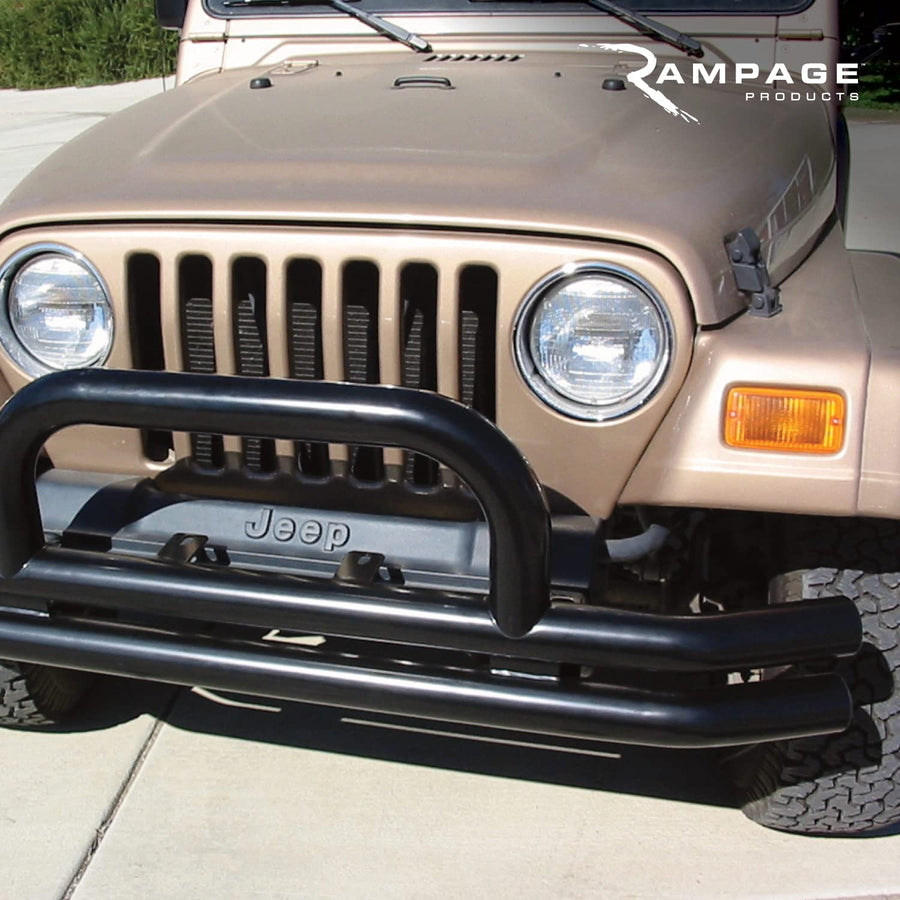 Double Tube Front Bumper RAMPAGE PRODUCTS for Jeep Wrangler JK/JL | Hoop, Steel, Black | 86620 | Fits 2018-2025 Wrangler JL/JLU / 2007-2018 Wrangler JK/JKU / 2020-2025 Jeep Gladiator JT