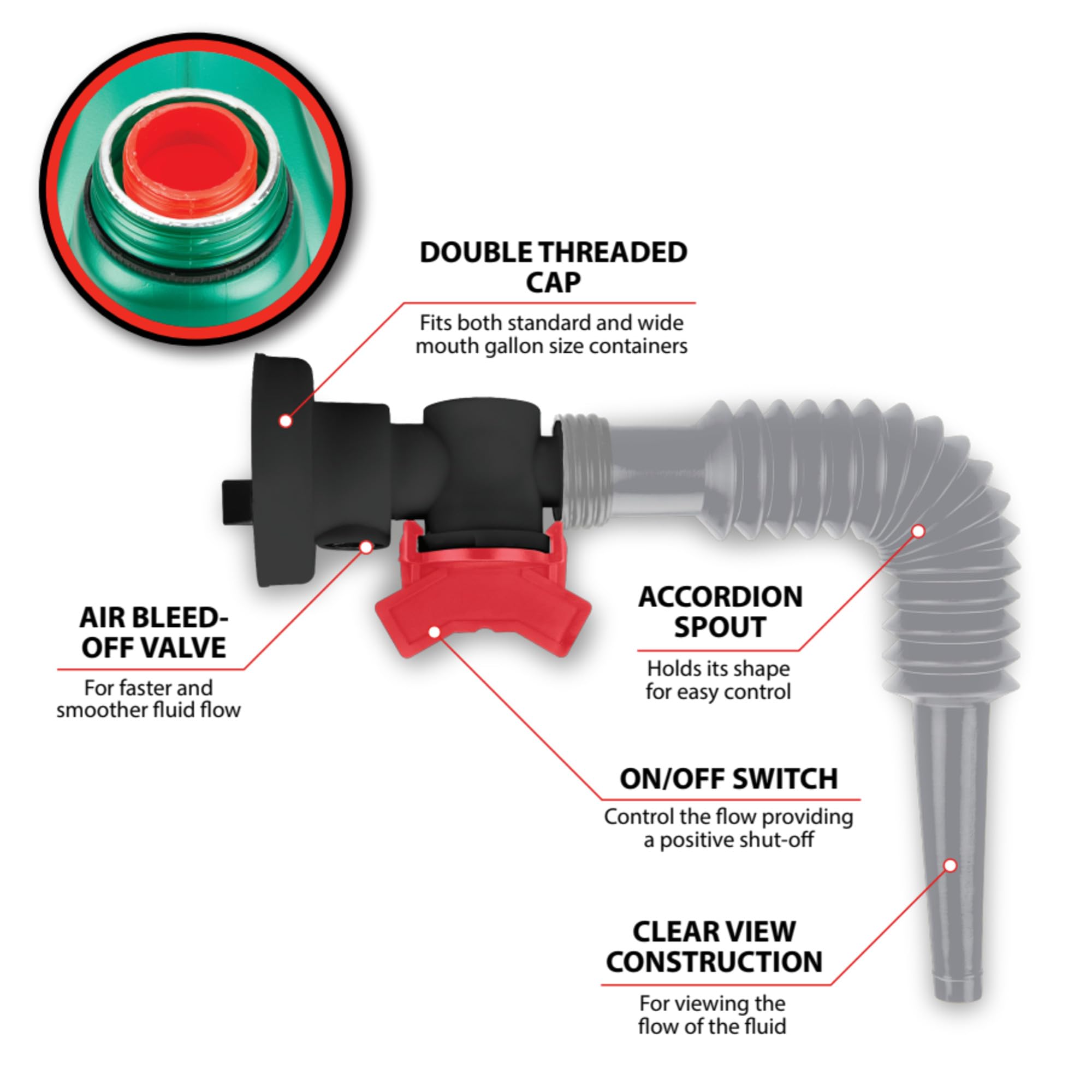 3-in-1 Flexible Spout Funnel Performance Tool W4065 - Rotary Switch, Bleed-Off Valve, Accordion-Style Spout, 15 in. Length, Black/Red