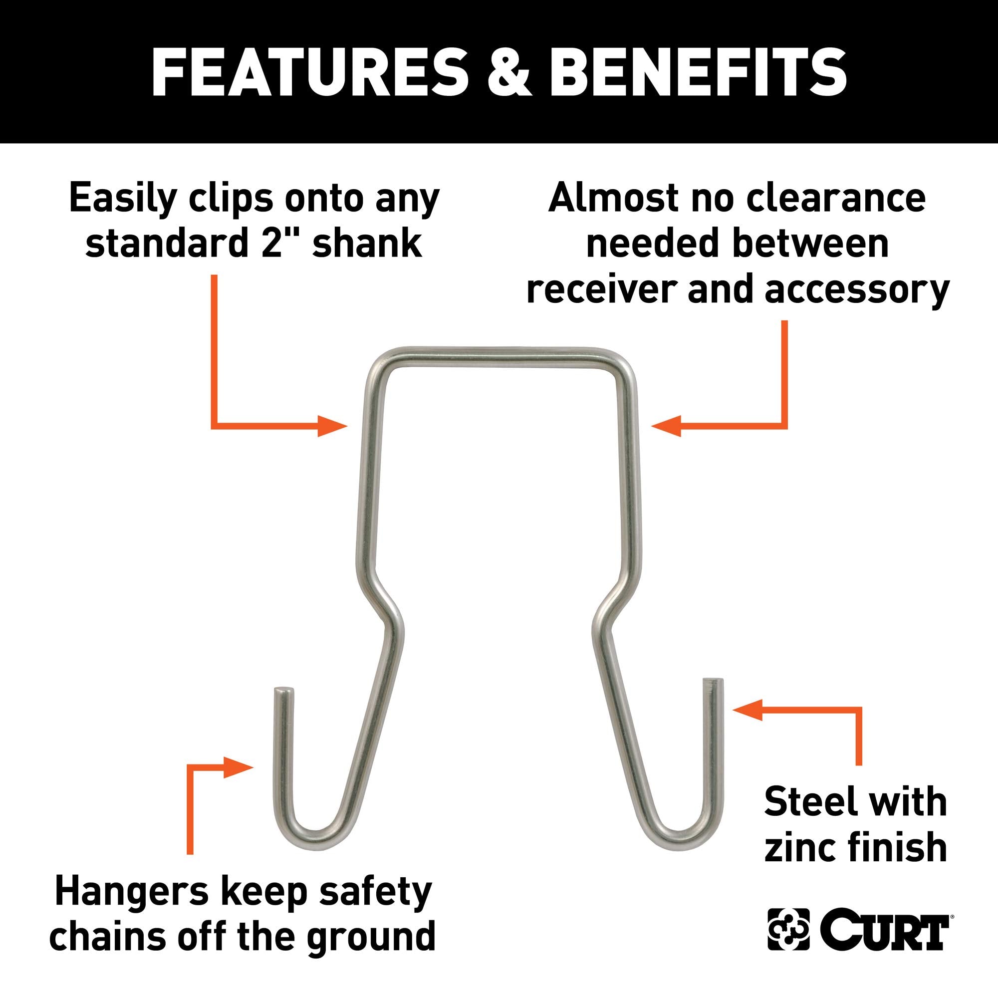 CURT Trailer Safety Chain Holder Bracket for Clip-On 2-inch Shank, Stainless Steel Hanger Hooks
