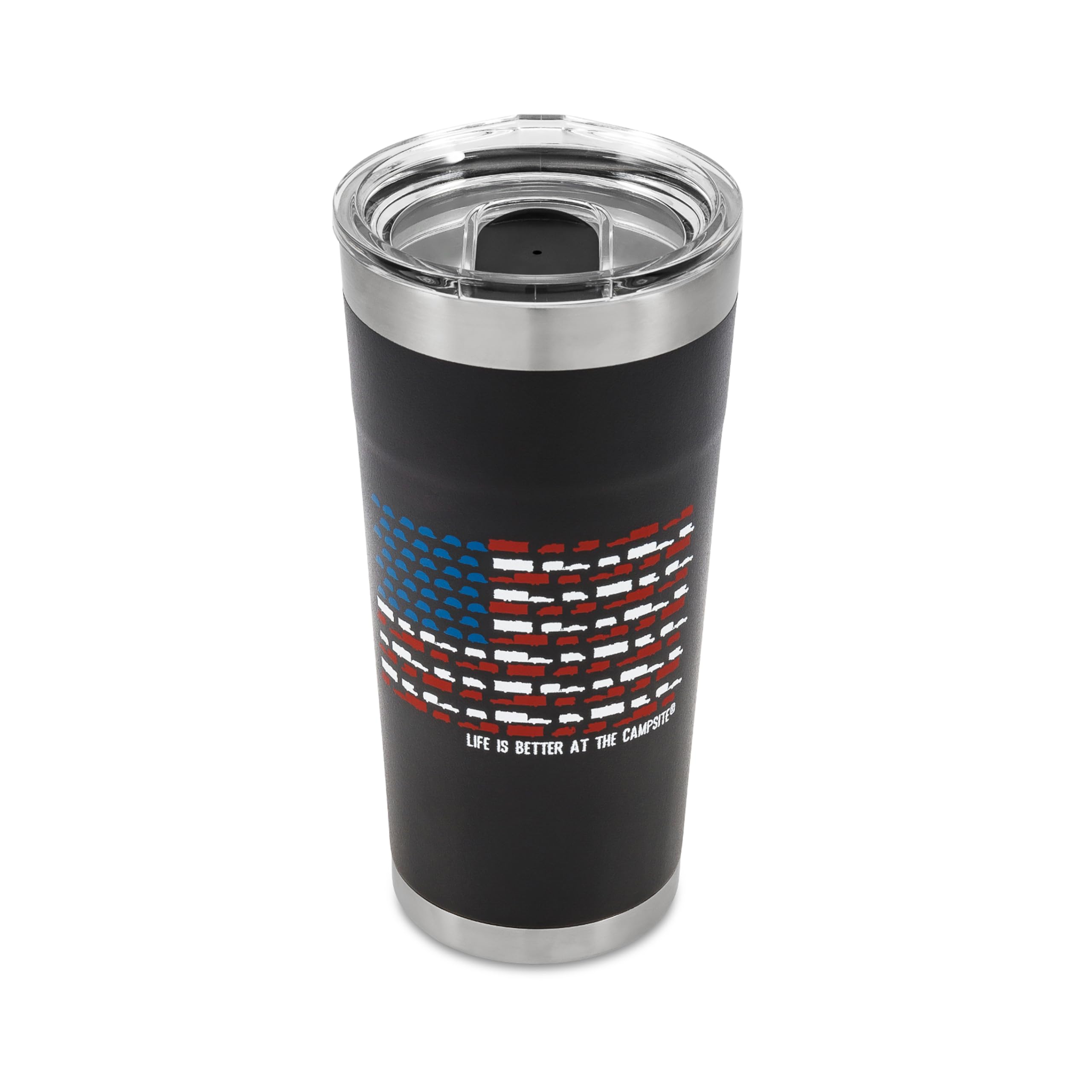 Wrapped Stainless Steel Tumbler Camco Life is Better at The Campsite - Features Double Wall Vacuum Insulation for Heat/Ice Retention & Unique RV USA Flag Design - Holds 20 oz. (53065)