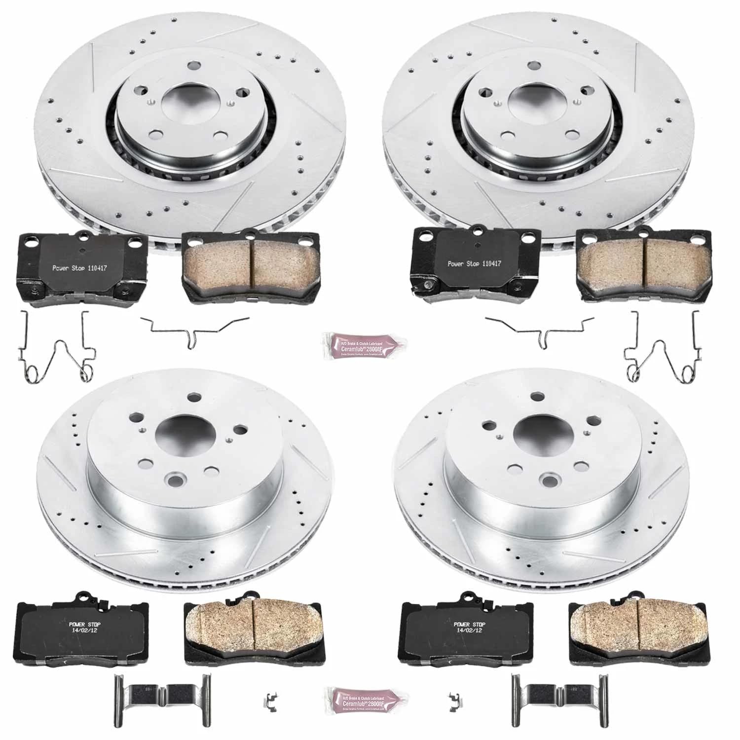 Power Stop K4070 Z23 Carbon Fiber Brake Pads Front and Rear with Drilled and Slotted Brake Rotors Kit For Lexus GS350 GS430 GS450h GS460 IS350 IS350C
