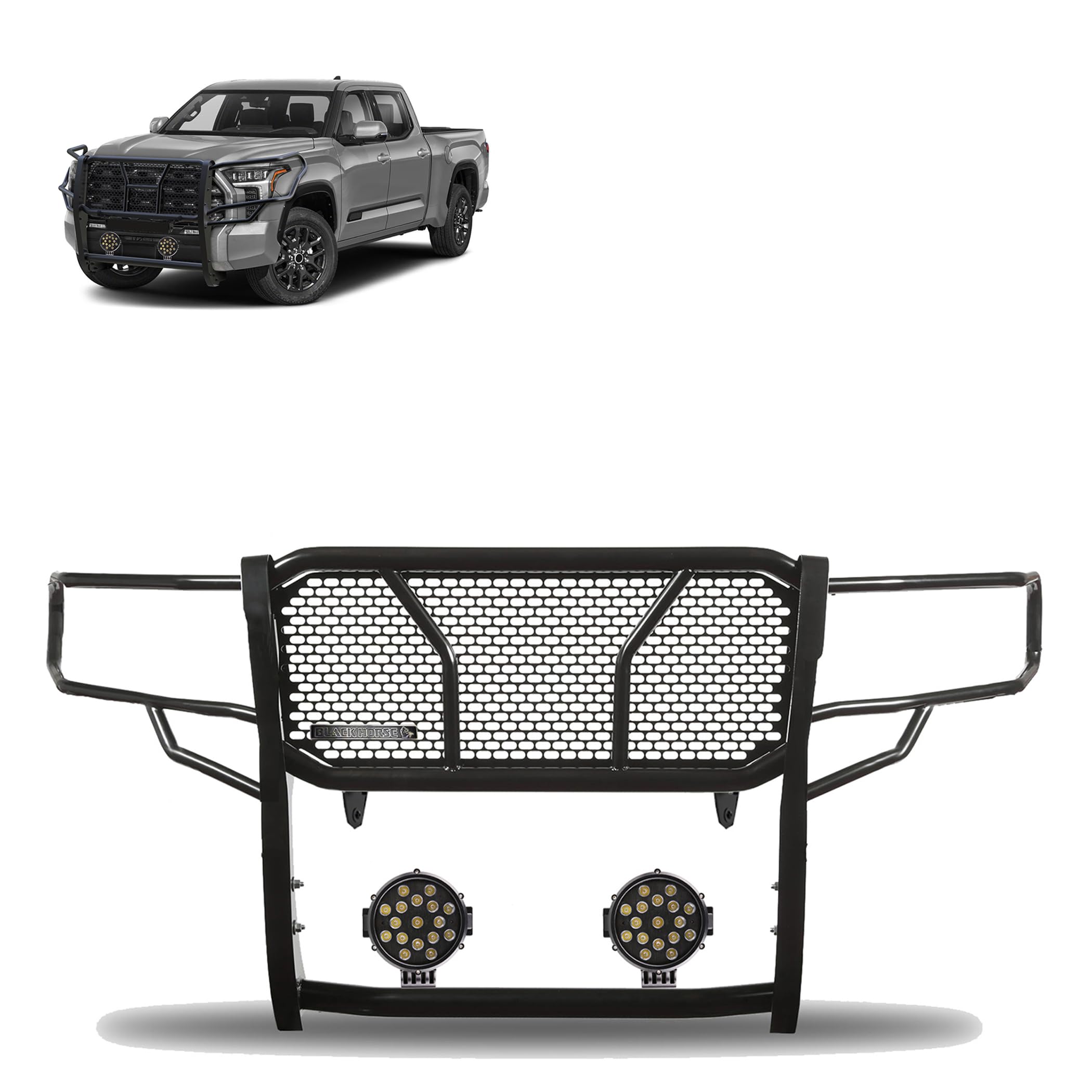 Heavy Duty Black Horse RUGGED Grille Brush Bumper Guard Modular Come With pair of 7.0"Dia.LED Lights with Black Trim Rings Compatible with 2022-2024 Toyota Tundra-RU-TOTU22-B-PLB
