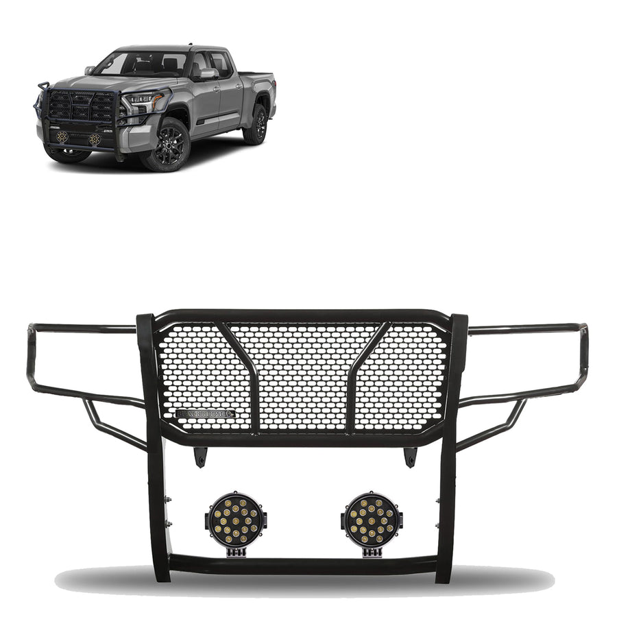 Heavy Duty Black Horse RUGGED Grille Brush Bumper Guard Modular Come With pair of 7.0"Dia.LED Lights with Black Trim Rings Compatible with 2022-2024 Toyota Tundra-RU-TOTU22-B-PLB