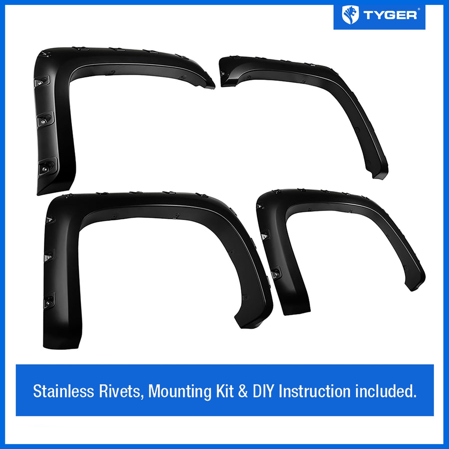 Tyger Auto Fender Flare Compatible with 2007-2013 Silverado 1500 Chevy; 2007-2014 2500 3500HD (Not Fit 07 Classic) 6.5' & 8' Bed, Smooth Textured Black Paintable Bolt-Riveted Style 4pc | TG-FF8C4068