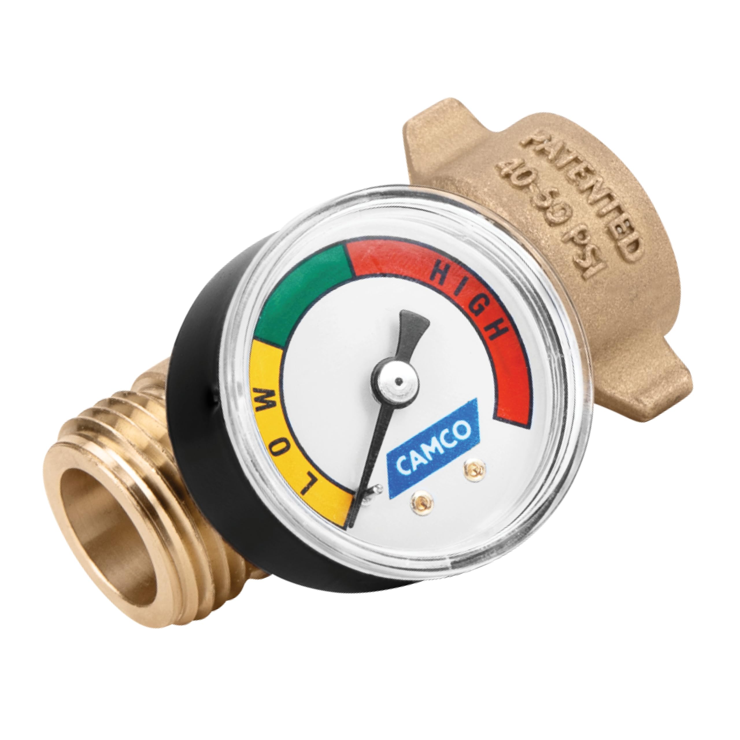 Brass Camco Water Pressure Regulator with Gauge- Helps Protect RV Plumbing and Hoses from High-Pressure City Water - Easy Read Gauge (40064)