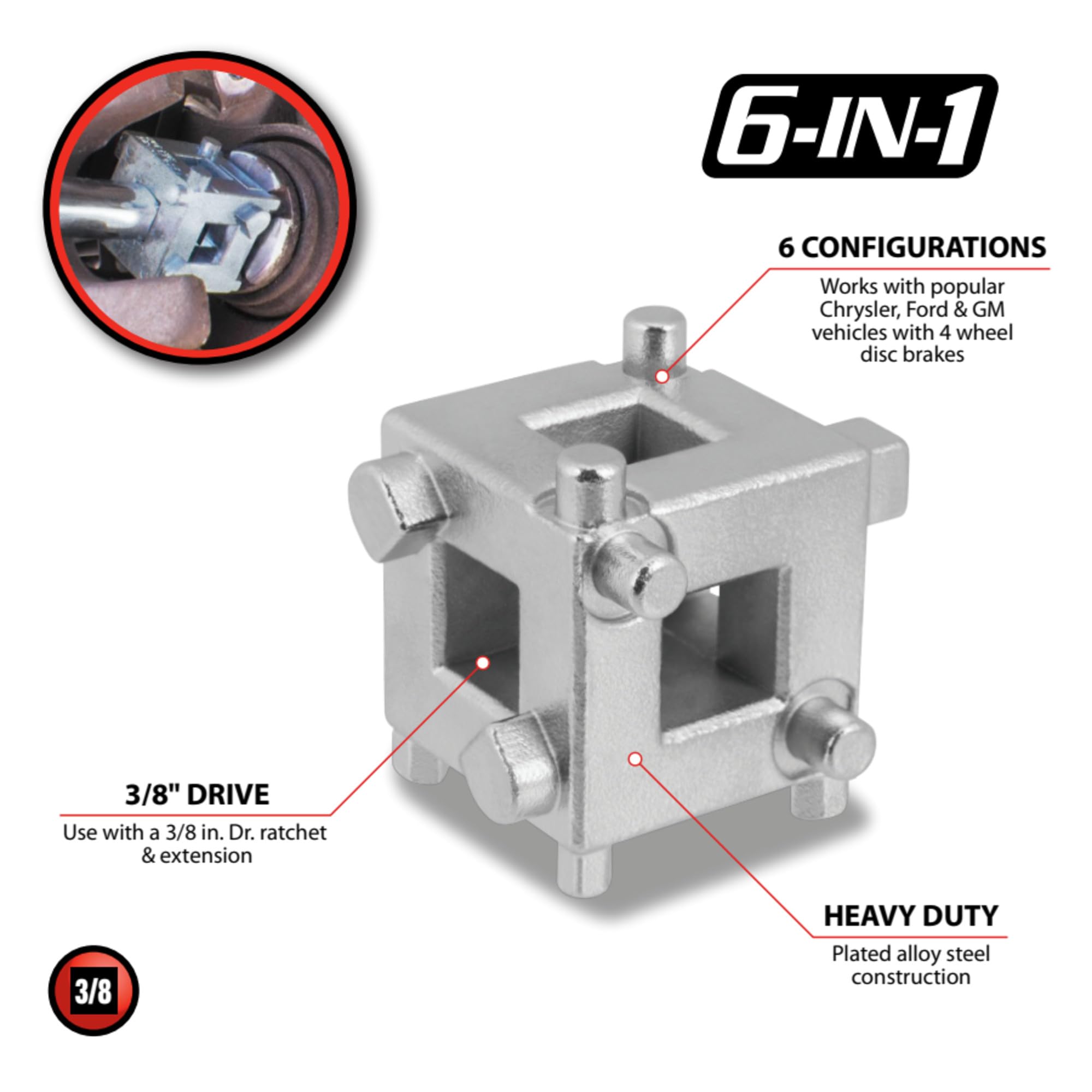 3/8-Inch Drive Performance Tool W80621 Disc Brake Piston Tool