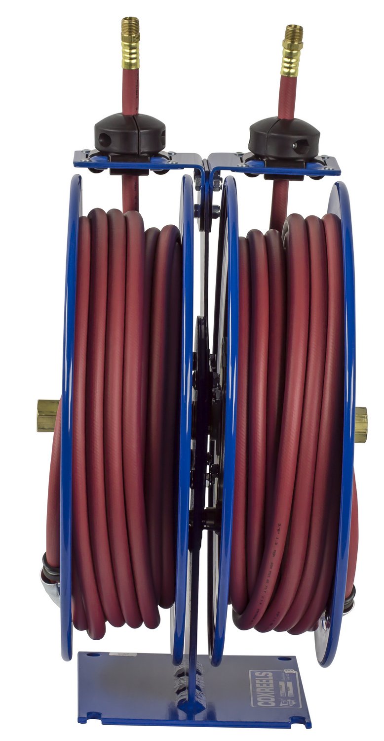 Coxreels Dual Purpose C-LP-350-350 Two Hose/Cord Reel - ⅜” Hose ID - 50' Length PVC Hose and 50' SJO Cord Included - Compact For Air Compressor, Garden and Pressure Washer Hoses Made in USA