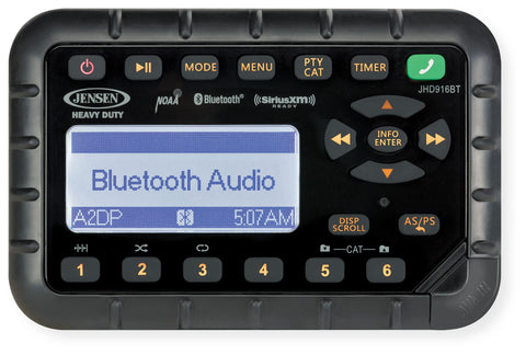Jensen AM/FM/WB/Bluetooth/SiriusXM Ready JHD916BT Weatherproof Mini Radio, Programmable Station Presets, 12V DC Power, Non-Volatile Memory, 2-Ch. Amplified Audio Output, 12/24-Hr Clock