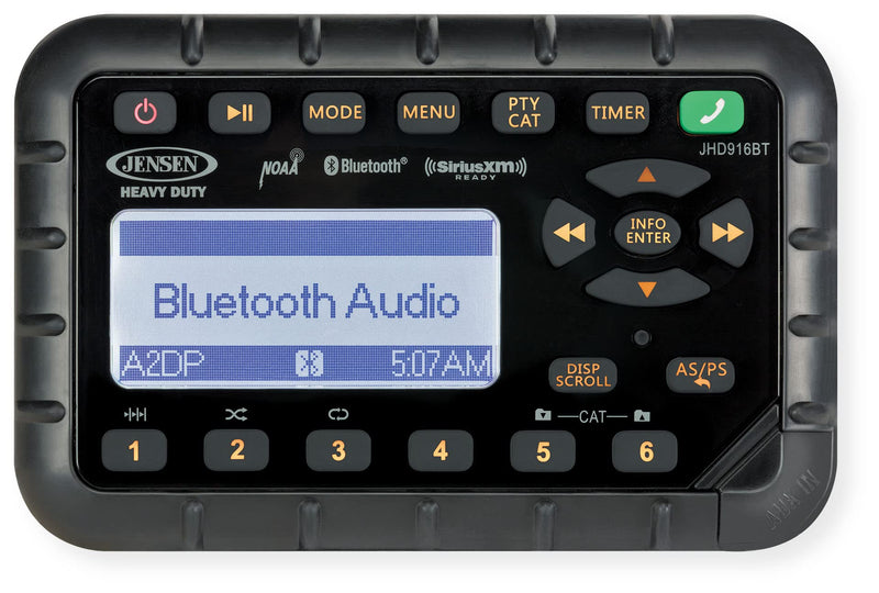 Jensen AM/FM/WB/Bluetooth/SiriusXM Ready JHD916BT Weatherproof Mini Radio, Programmable Station Presets, 12V DC Power, Non-Volatile Memory, 2-Ch. Amplified Audio Output, 12/24-Hr Clock