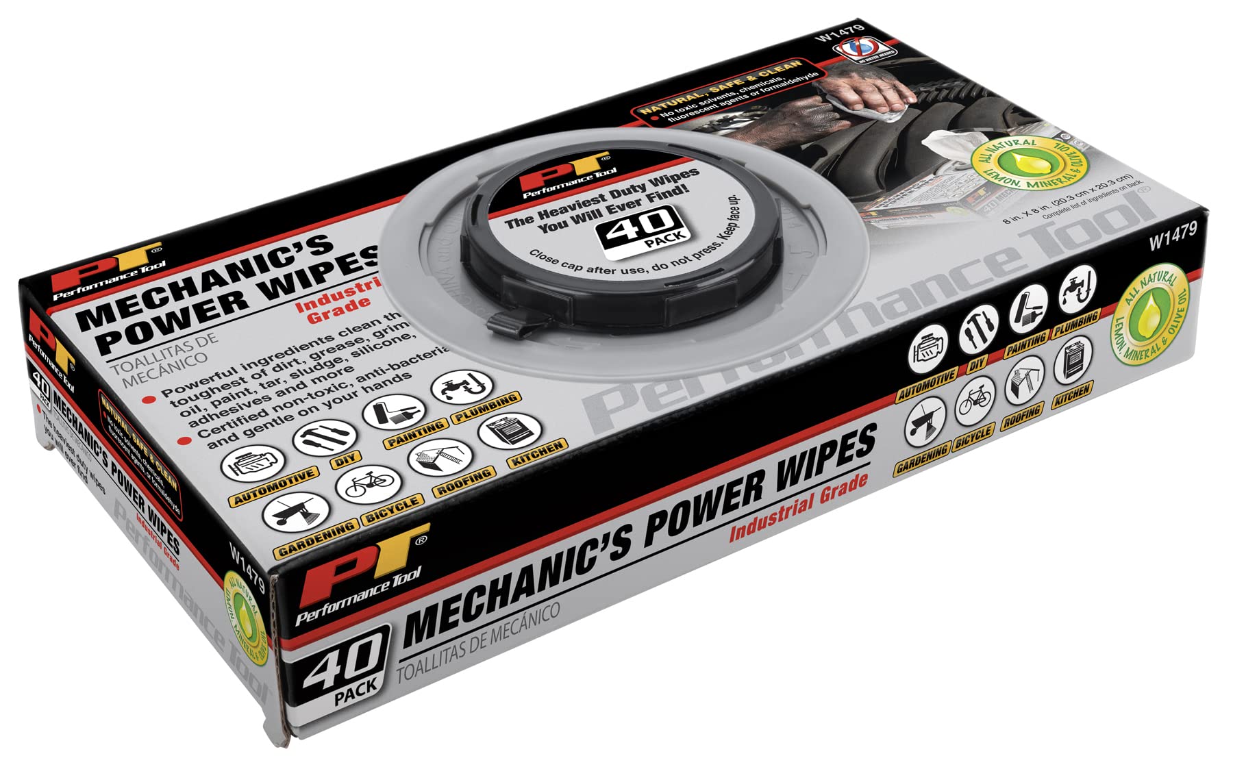 W1479 Performance Tool 40Pk Industrial Mechanic Wipes - Heavy Duty Cleaning Wipes for Grease, Oil, and Grime, Ideal for Automotive and Industrial Use